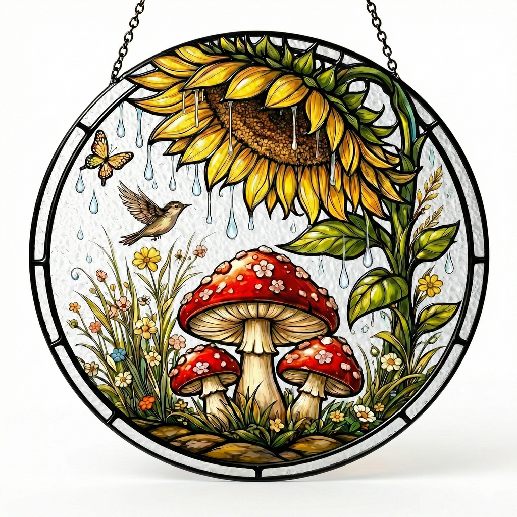 Sunflower Mushroom Stained Glass Suncatcher
