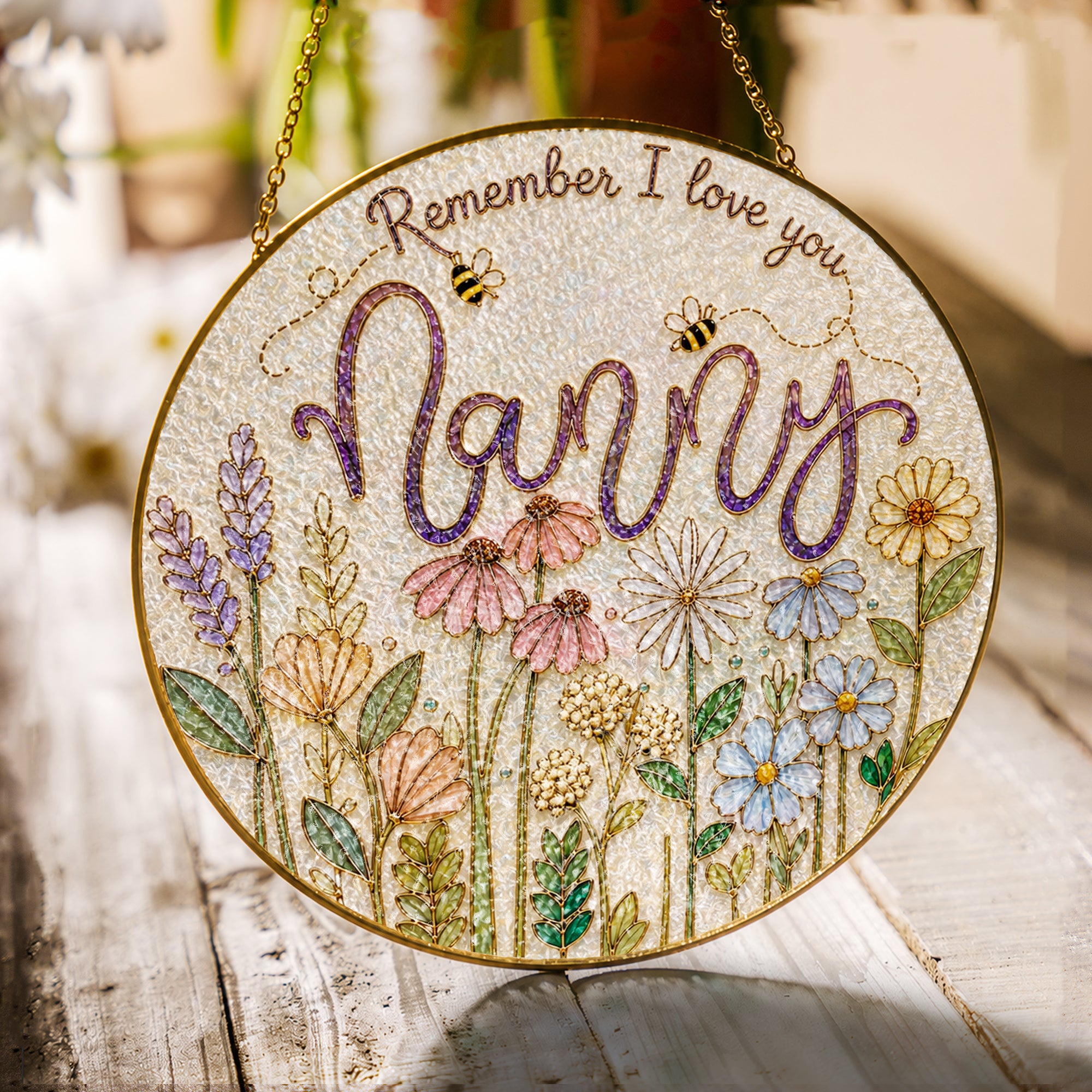 Nanny wildflower stained glass suncatcher Remember I Love You with gold frame on a white background