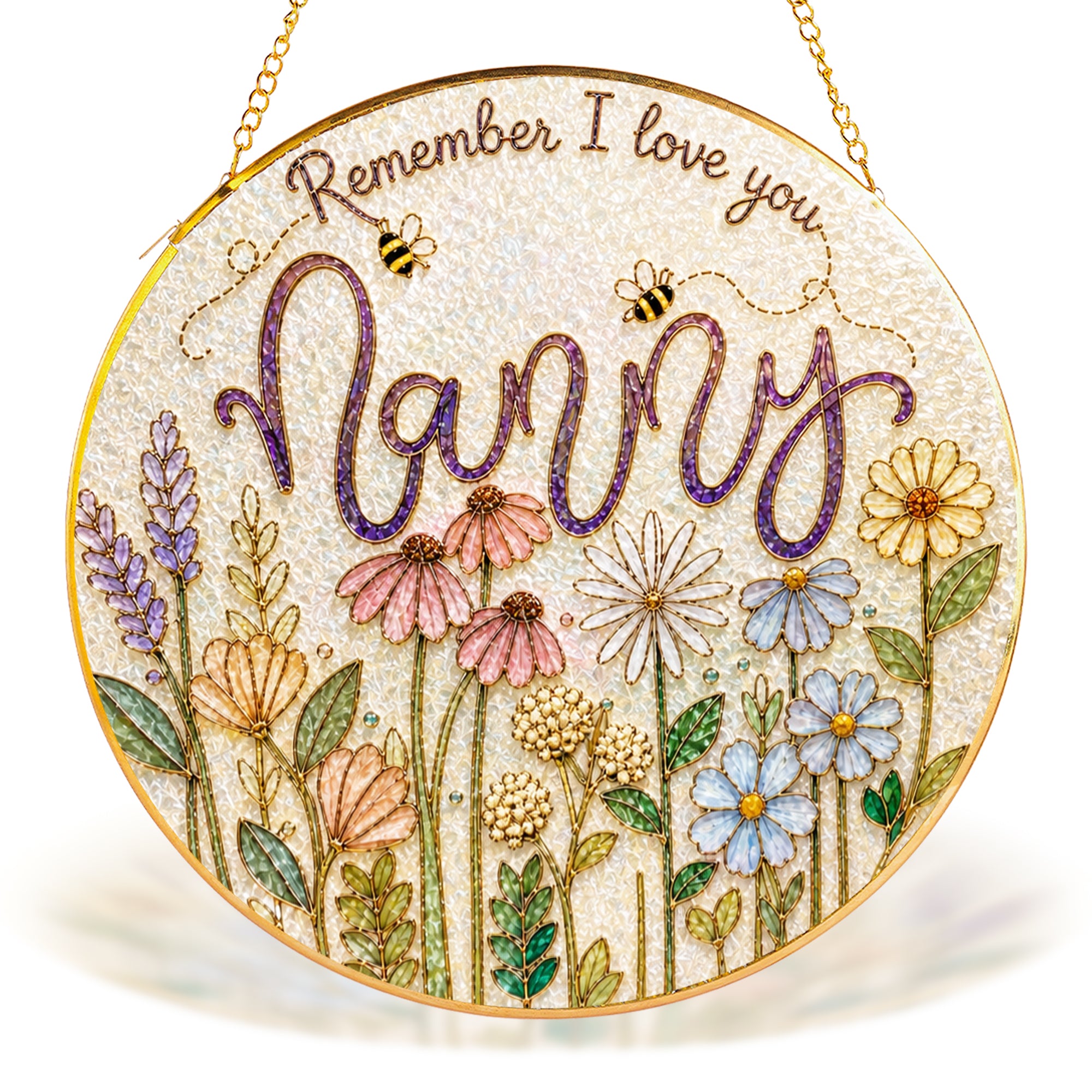 Nanny wildflower gold frame suncatcher in a sunny window