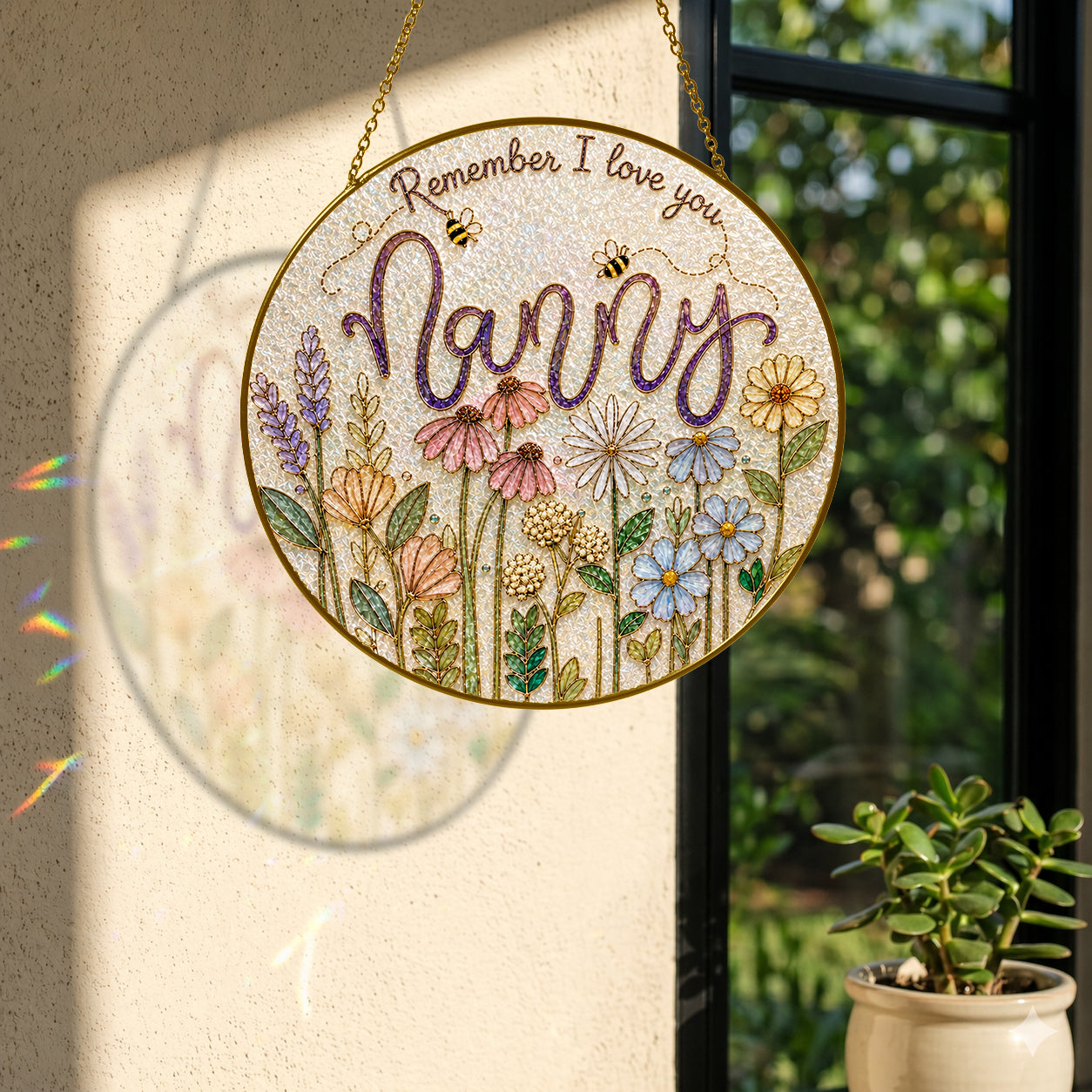 Nanny wildflower suncatcher with colorful light reflection