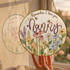 Nanny wildflower suncatcher size chart with 3.5, 4, 6, 7.8, 9.8, and 11.8 inch options