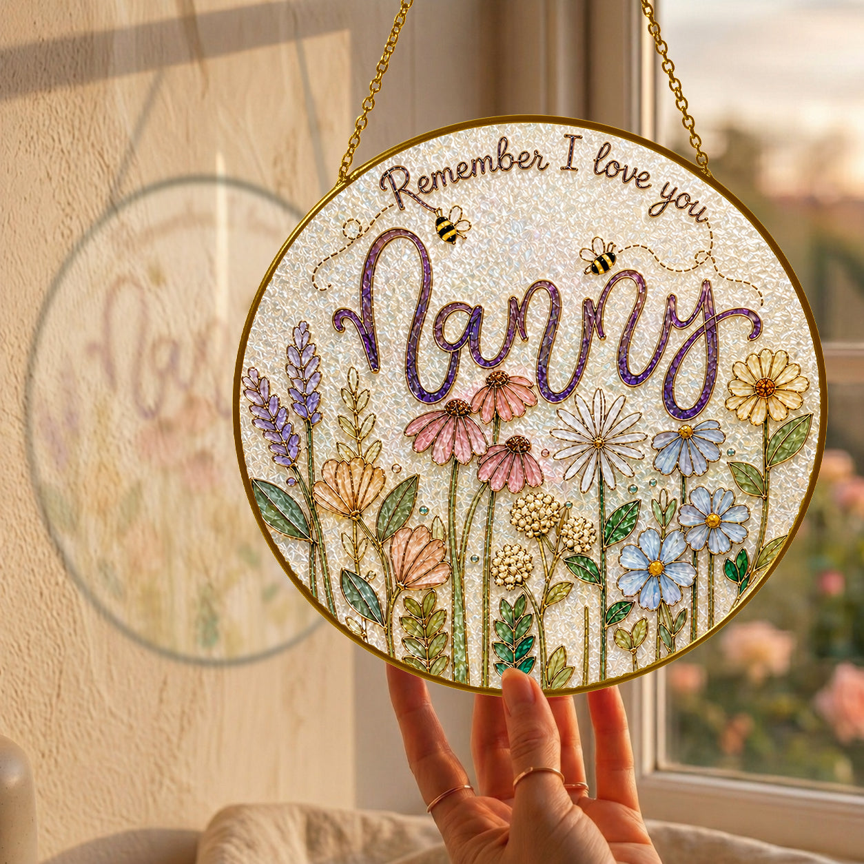 Nanny wildflower suncatcher size chart with 3.5, 4, 6, 7.8, 9.8, and 11.8 inch options