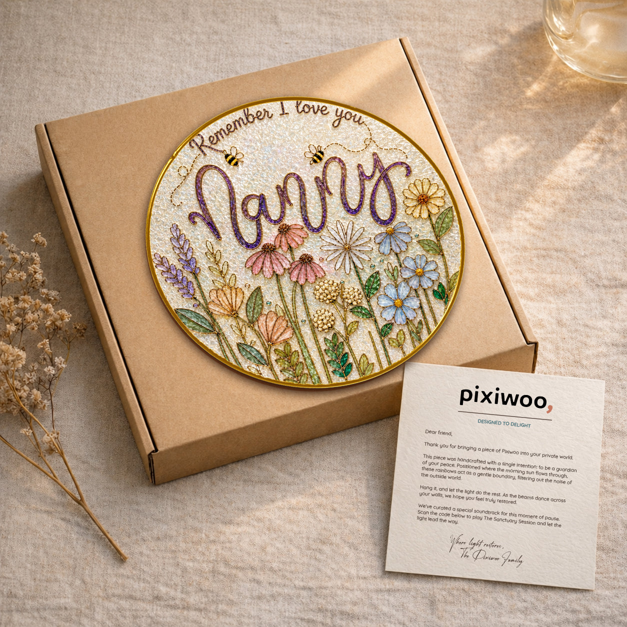 Nanny wildflower suncatcher on Pixiwoo gift packaging