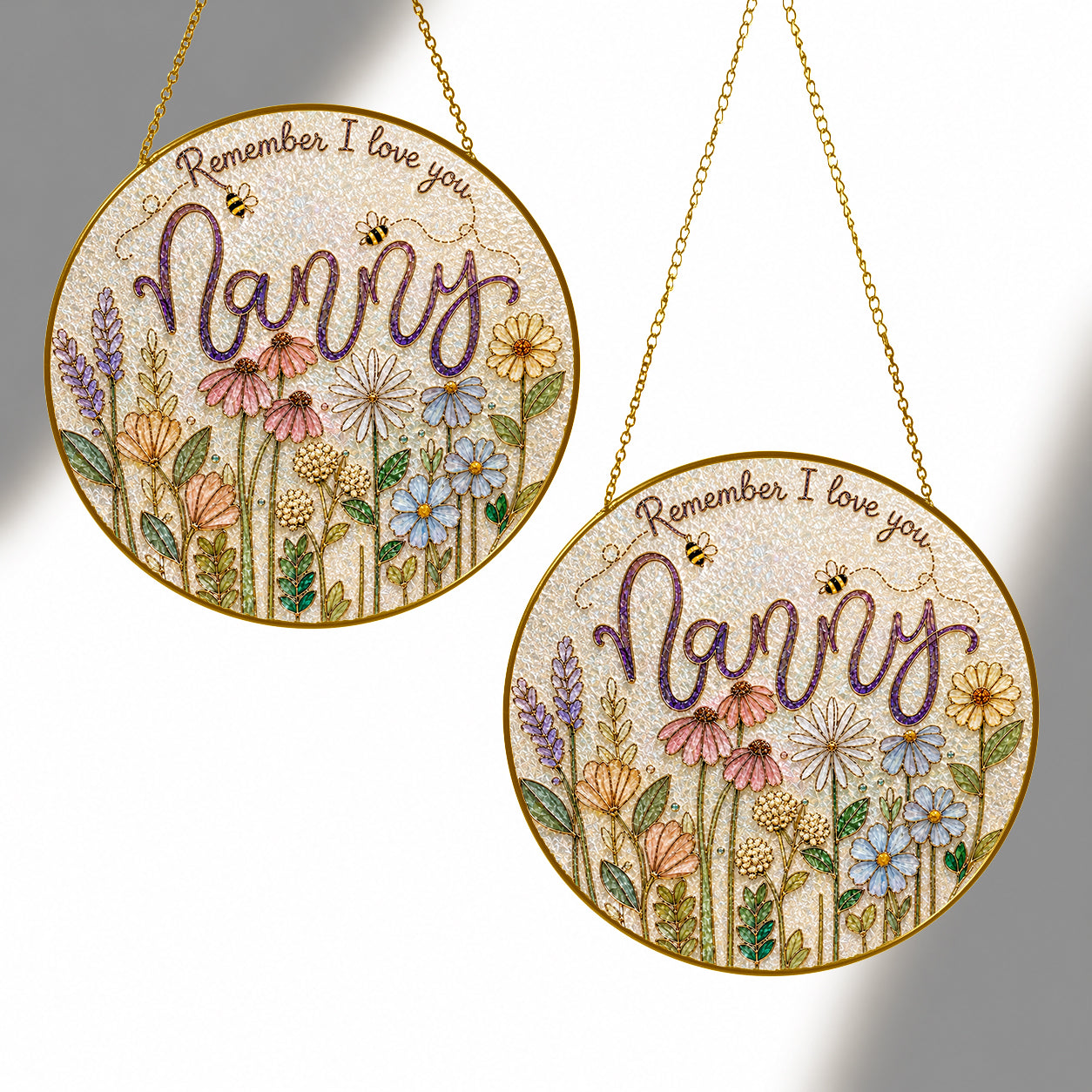 Nanny wildflower suncatcher shown in two sizes