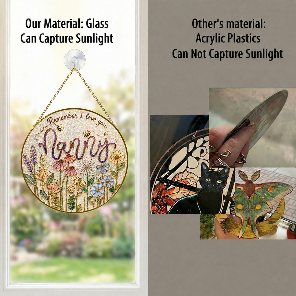 Real glass nanny wildflower suncatcher compared with acrylic, glass captures sunlight