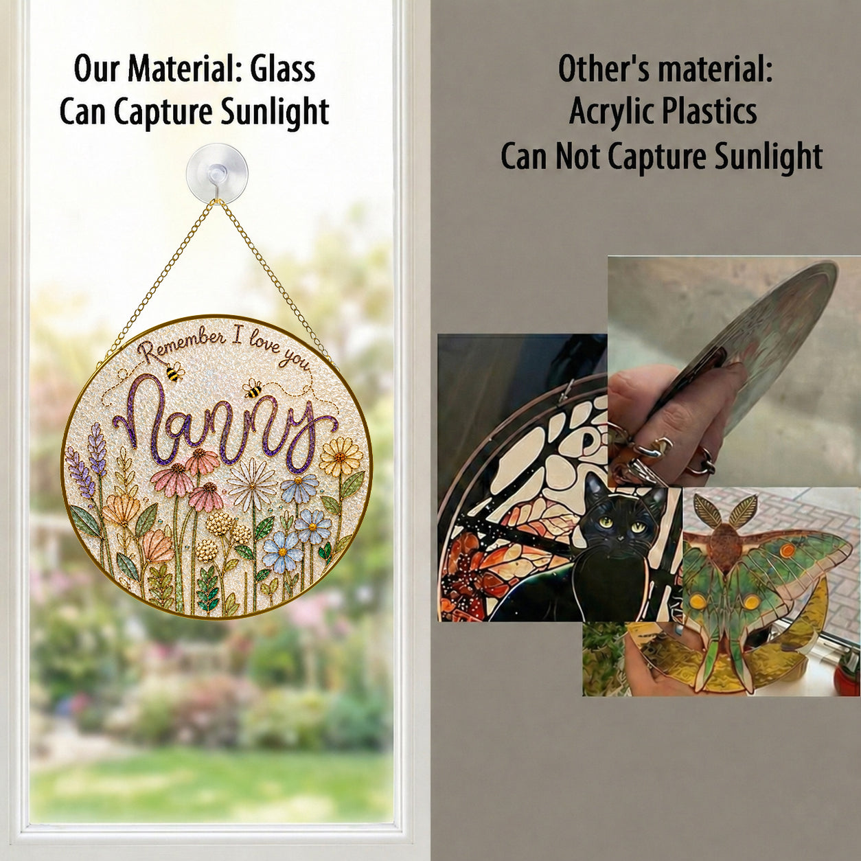 Real glass nanny wildflower suncatcher compared with acrylic, glass captures sunlight