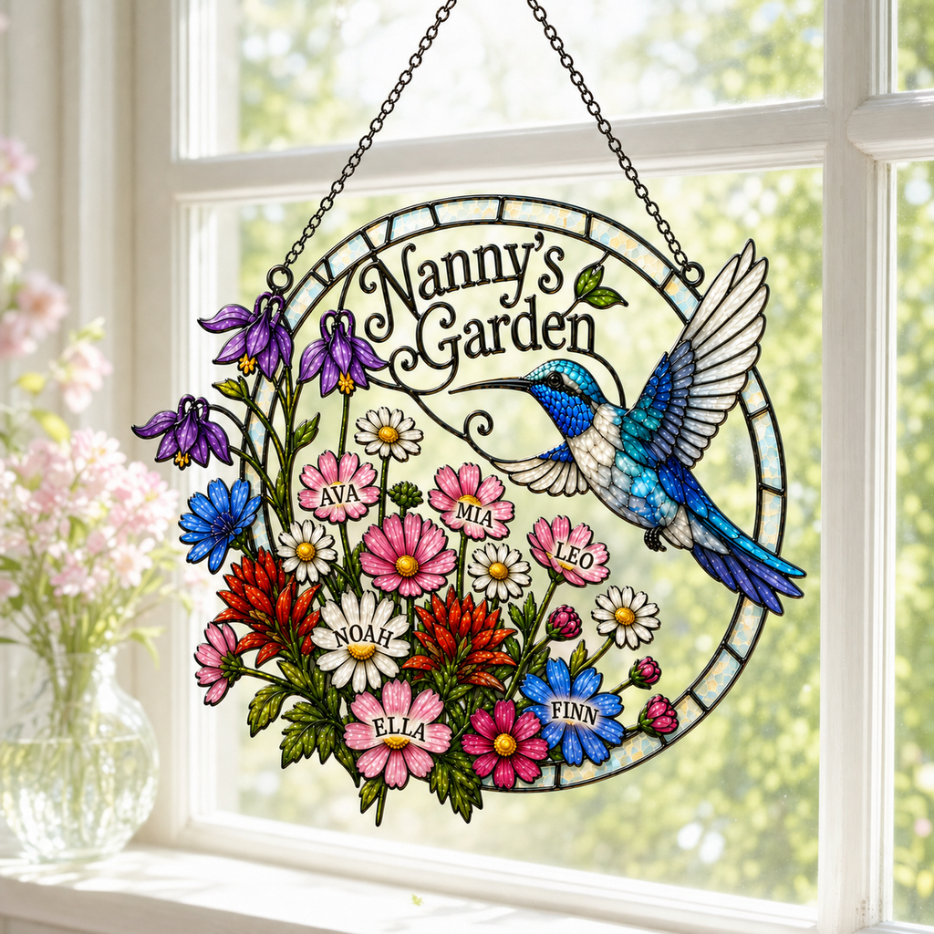 Personalized Nanny's Garden Hummingbird Holographic Acrylic Suncatcher