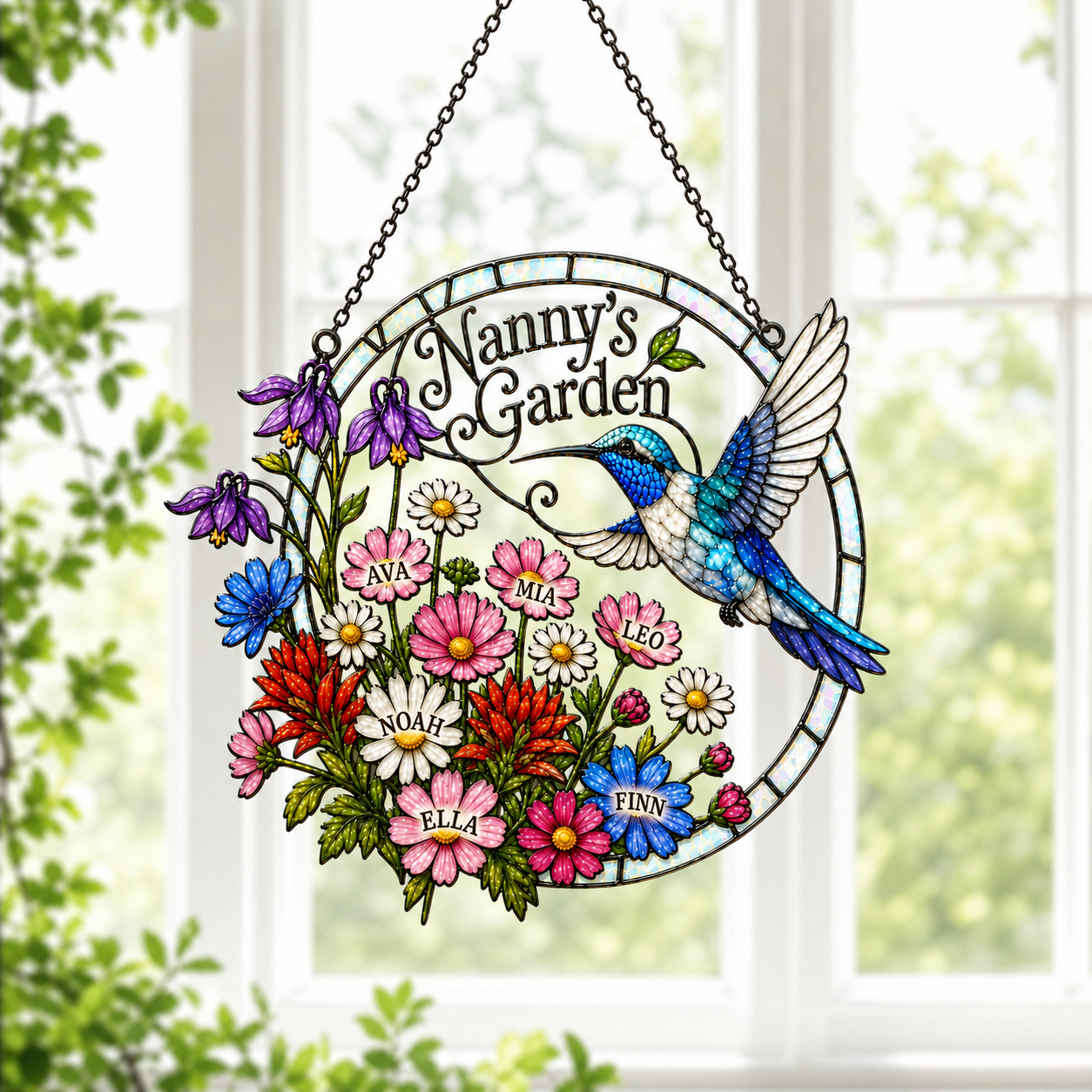 Personalized Nanny's Garden Hummingbird Holographic Acrylic Suncatcher
