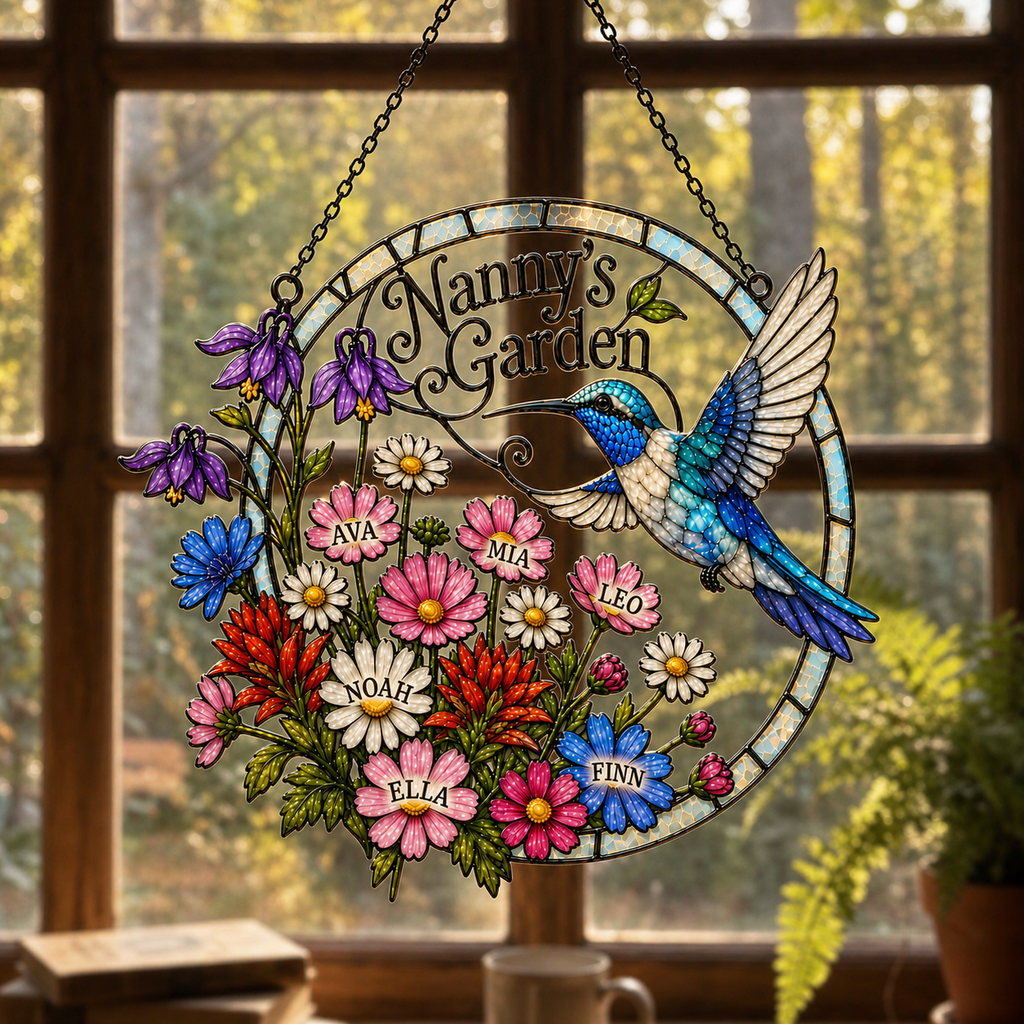 Personalized Nanny's Garden Hummingbird Holographic Acrylic Suncatcher
