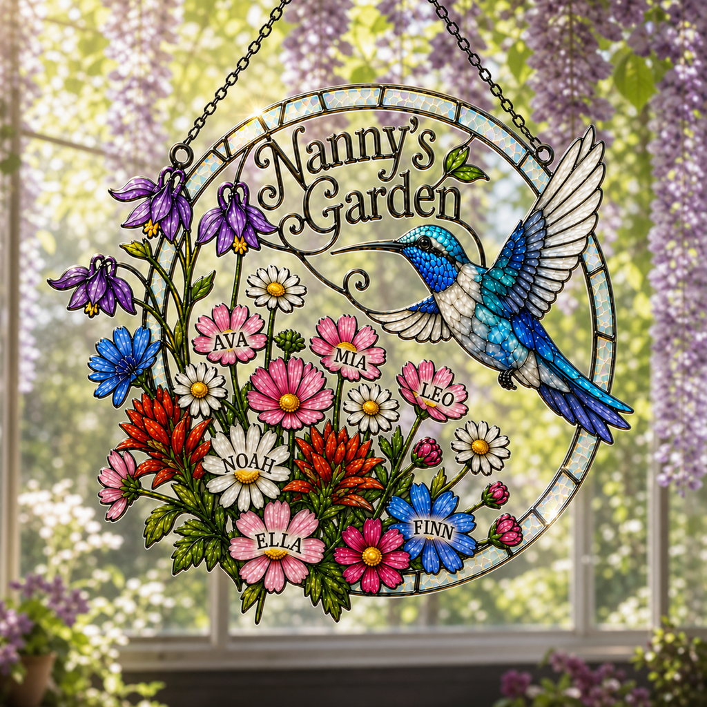 Personalized Nanny's Garden Hummingbird Holographic Acrylic Suncatcher