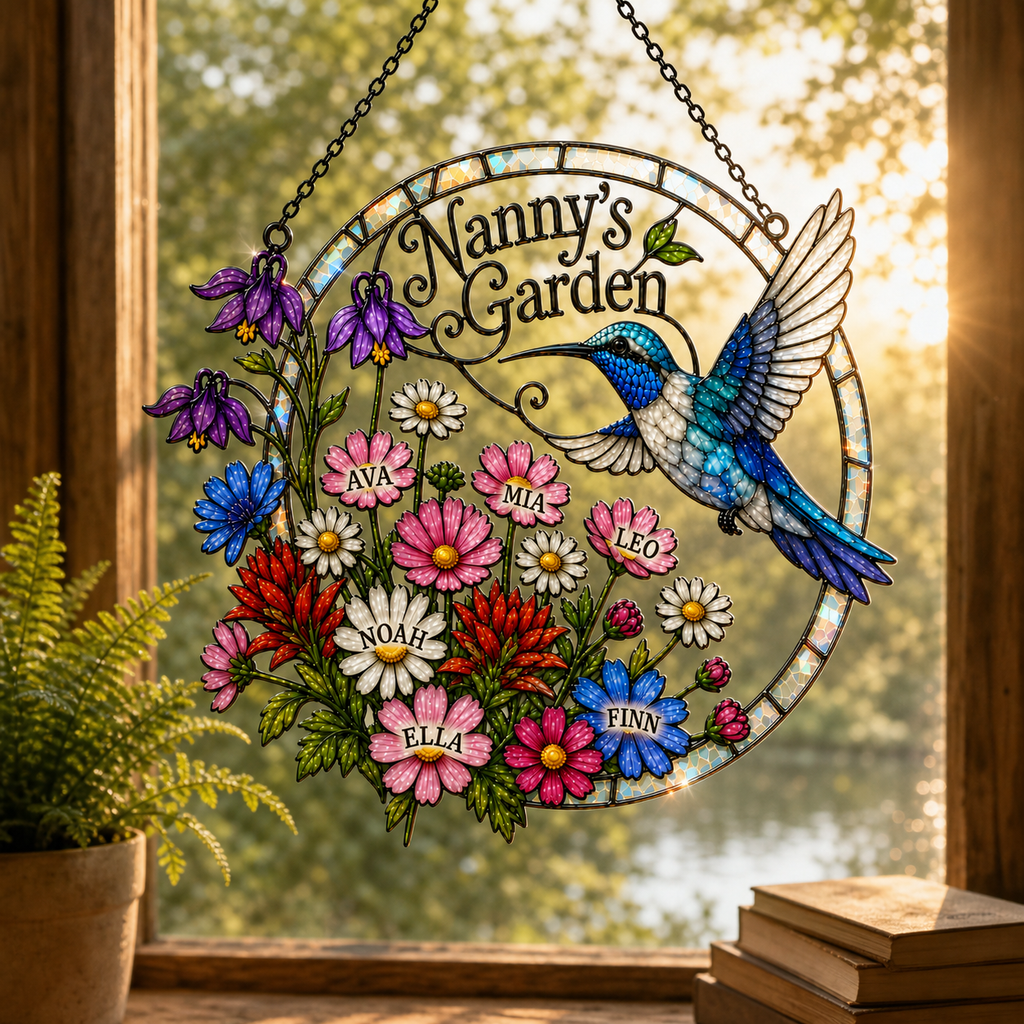 Personalized Nanny's Garden Hummingbird Holographic Acrylic Suncatcher