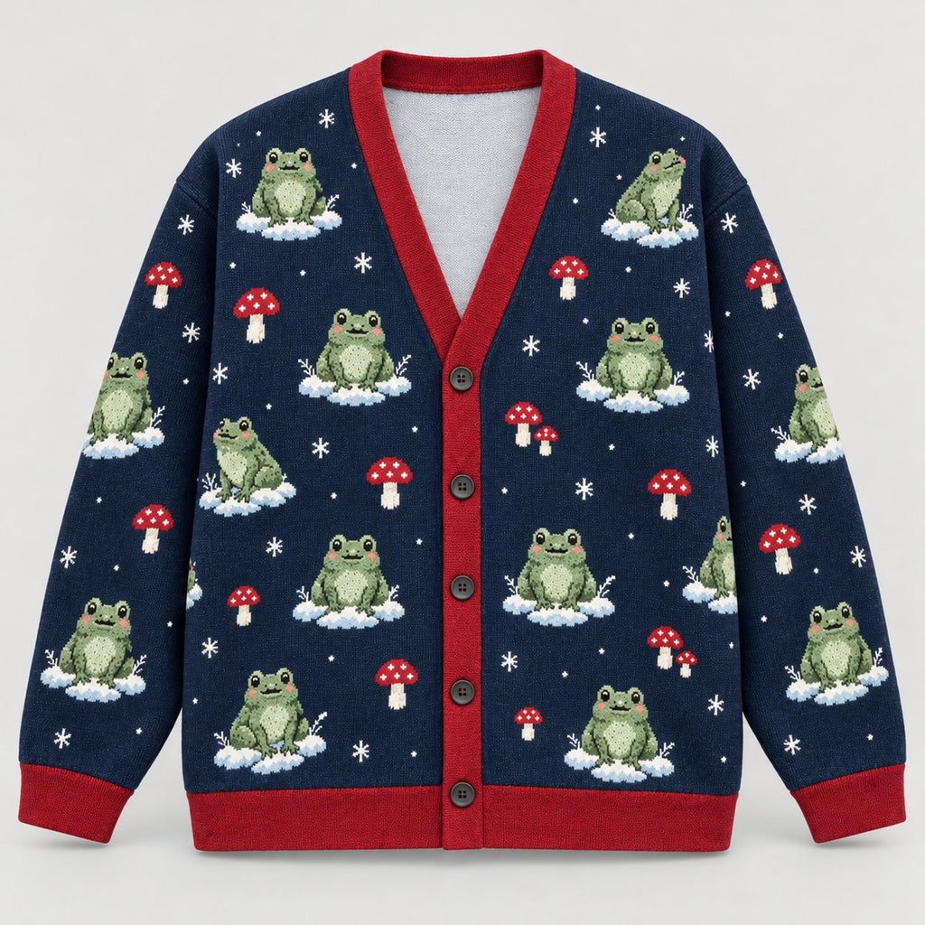 Frog & Mushroom Winter Cardigan — Navy Knit with Red Trim, Snowflakes & Toadstools, Oversized Button Cardigan, S to 7XL