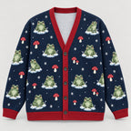 Frog & Mushroom Winter Cardigan — Navy Knit with Red Trim, Snowflakes & Toadstools, Oversized Button Cardigan, S to 7XL