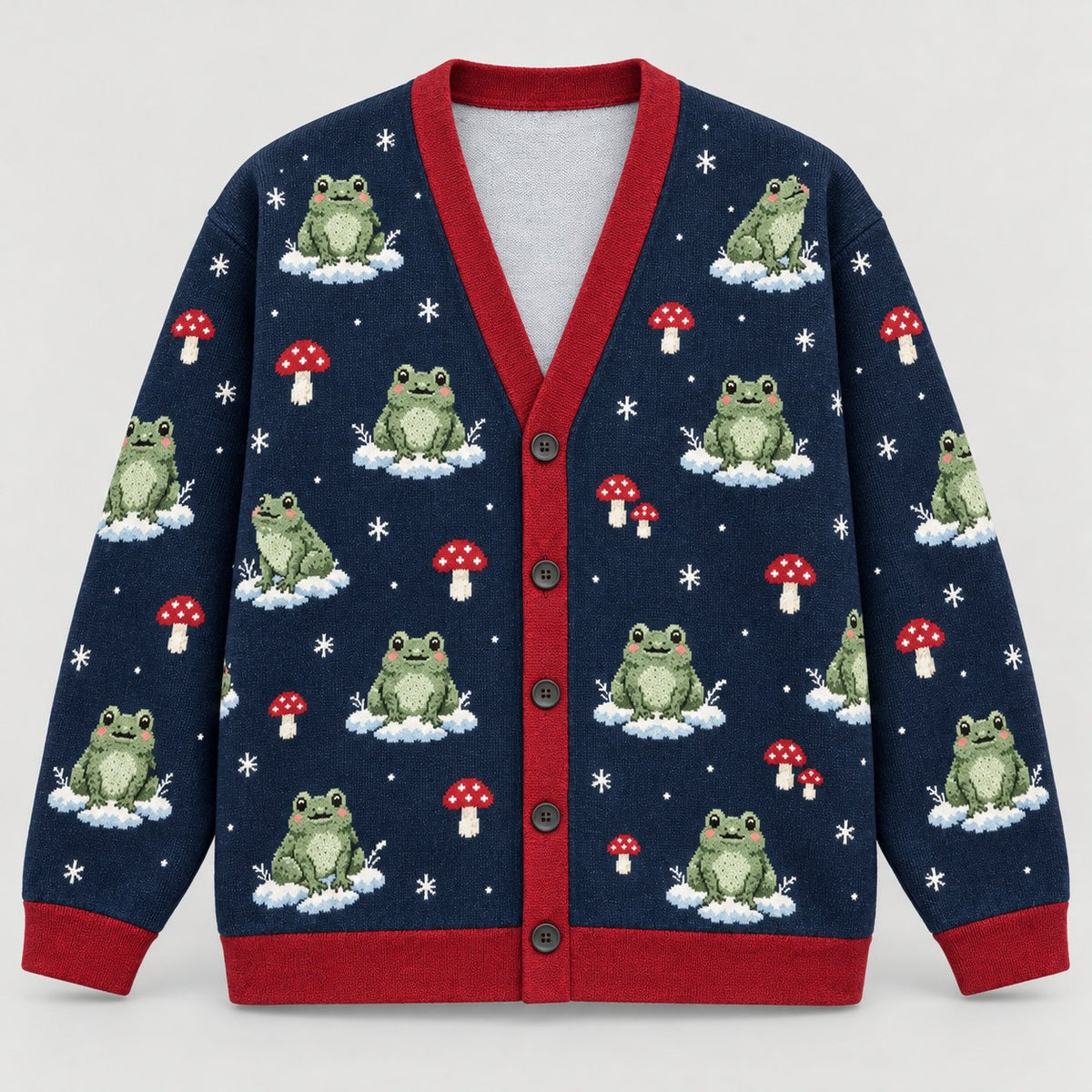 Frog & Mushroom Winter Cardigan — Navy Knit with Red Trim, Snowflakes & Toadstools, Oversized Button Cardigan, S to 7XL