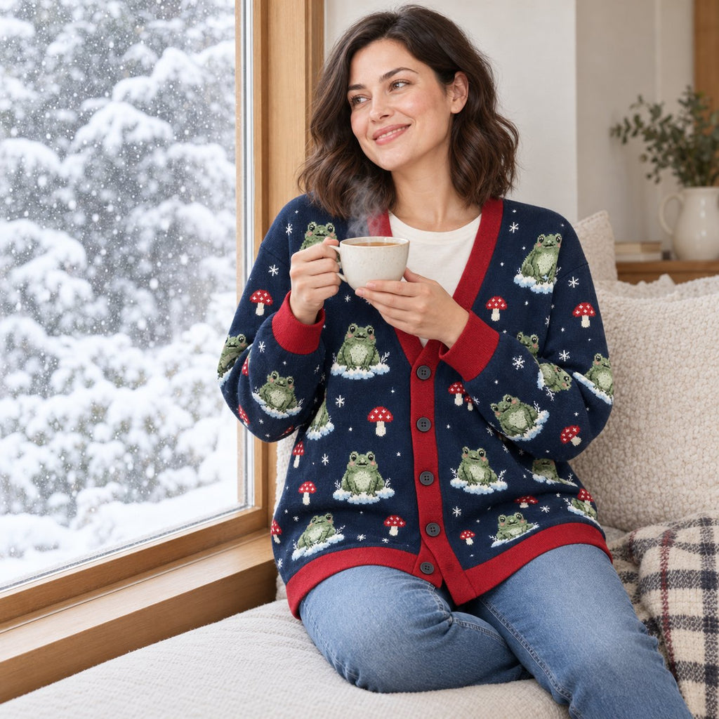 Frog & Mushroom Winter Cardigan — Navy Knit with Red Trim, Snowflakes & Toadstools, Oversized Button Cardigan, S to 7XL