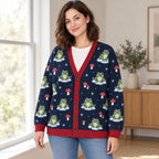 Frog & Mushroom Winter Cardigan — Navy Knit with Red Trim, Snowflakes & Toadstools, Oversized Button Cardigan, S to 7XL