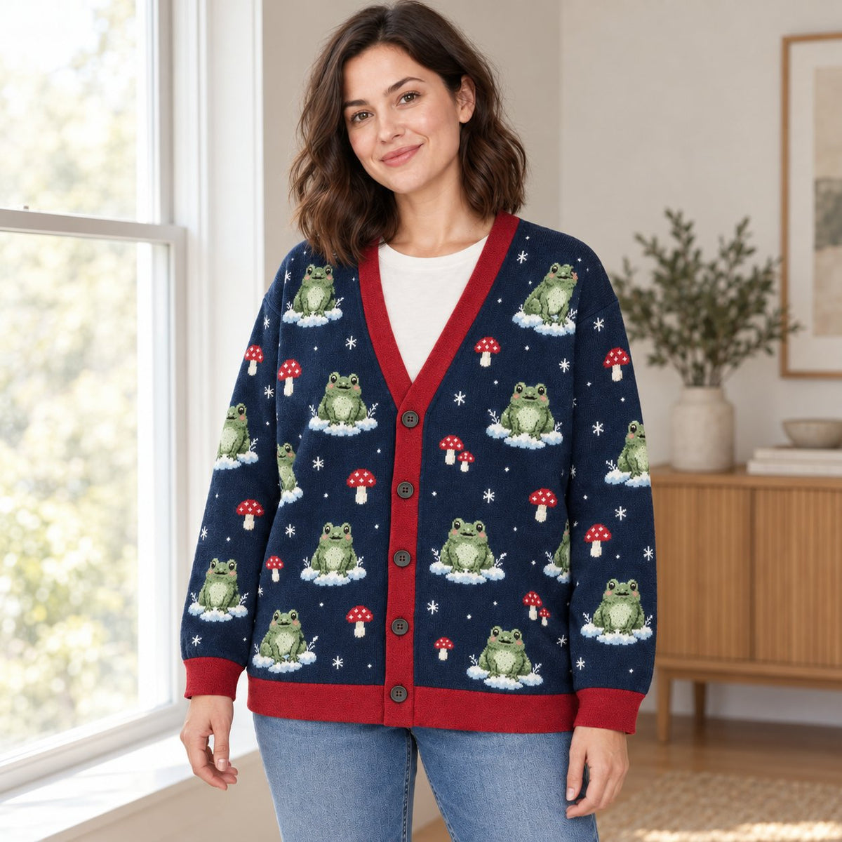Frog & Mushroom Winter Cardigan — Navy Knit with Red Trim, Snowflakes & Toadstools, Oversized Button Cardigan, S to 7XL