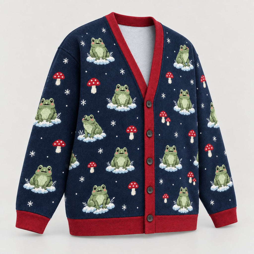 Frog & Mushroom Winter Cardigan — Navy Knit with Red Trim, Snowflakes & Toadstools, Oversized Button Cardigan, S to 7XL