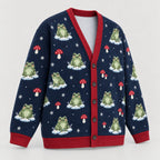 Frog & Mushroom Winter Cardigan — Navy Knit with Red Trim, Snowflakes & Toadstools, Oversized Button Cardigan, S to 7XL