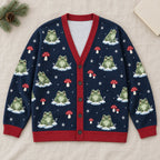 Frog & Mushroom Winter Cardigan — Navy Knit with Red Trim, Snowflakes & Toadstools, Oversized Button Cardigan, S to 7XL