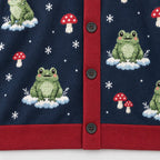 Frog & Mushroom Winter Cardigan — Navy Knit with Red Trim, Snowflakes & Toadstools, Oversized Button Cardigan, S to 7XL
