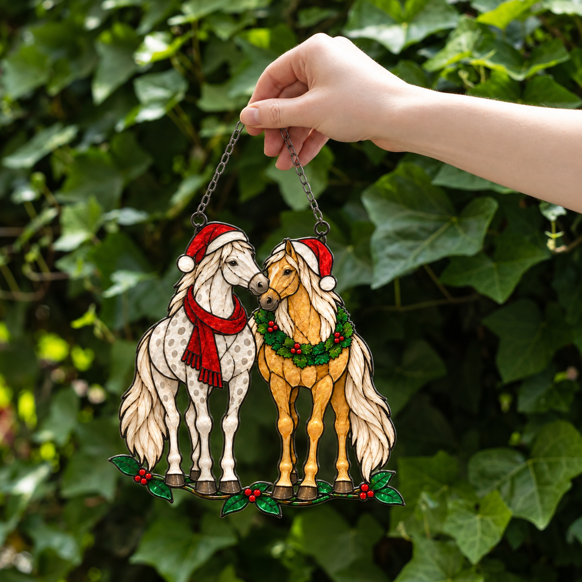 Horse Pair in Santa Hats with Wreath Holographic Acrylic Suncatcher