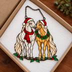 Horse Pair in Santa Hats with Wreath Holographic Acrylic Suncatcher