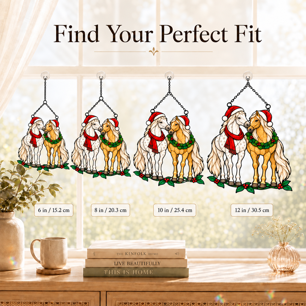 Horse Pair in Santa Hats with Wreath Holographic Acrylic Suncatcher