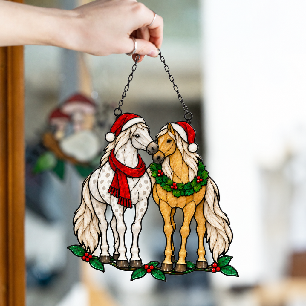 Horse Pair in Santa Hats with Wreath Holographic Acrylic Suncatcher