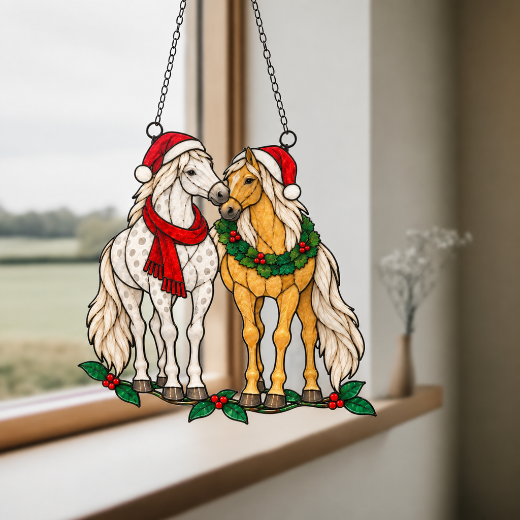 Horse Pair in Santa Hats with Wreath Holographic Acrylic Suncatcher