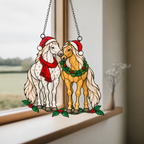 Horse Pair in Santa Hats with Wreath Holographic Acrylic Suncatcher