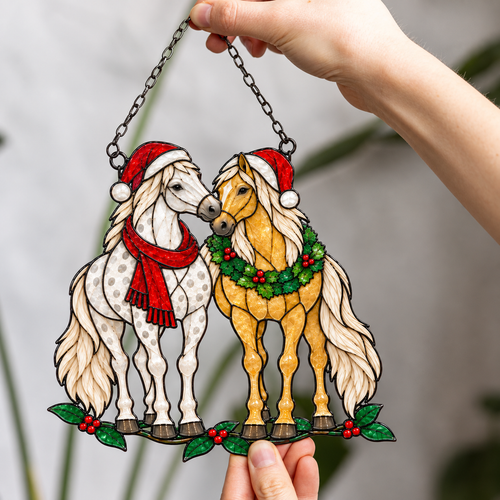 Horse Pair in Santa Hats with Wreath Holographic Acrylic Suncatcher