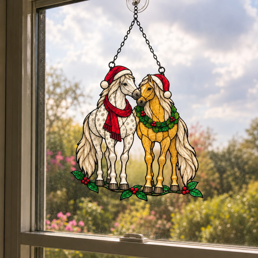 Horse Pair in Santa Hats with Wreath Holographic Acrylic Suncatcher