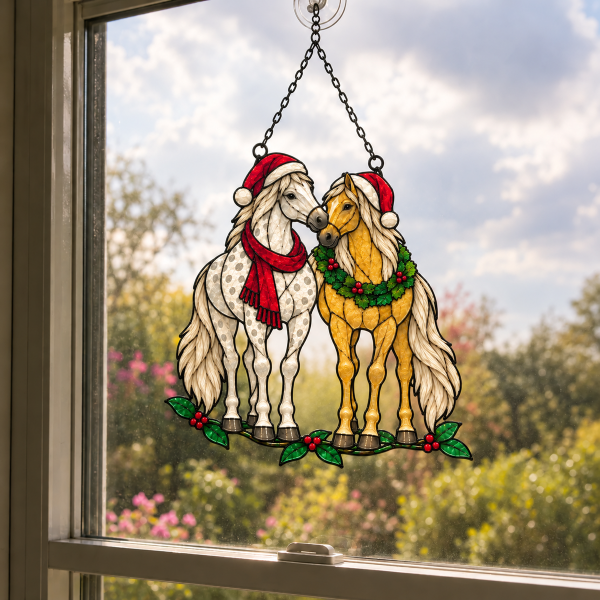 Horse Pair in Santa Hats with Wreath Holographic Acrylic Suncatcher
