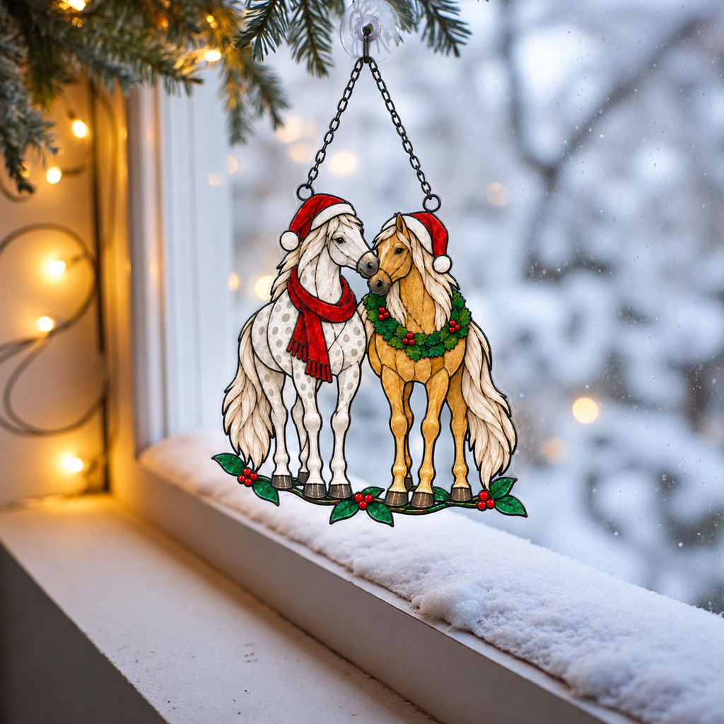 Horse Pair in Santa Hats with Wreath Holographic Acrylic Suncatcher