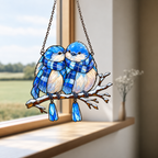 Bluebird Couple in Plaid Scarves on a Snowy Branch Holographic Acrylic Suncatcher