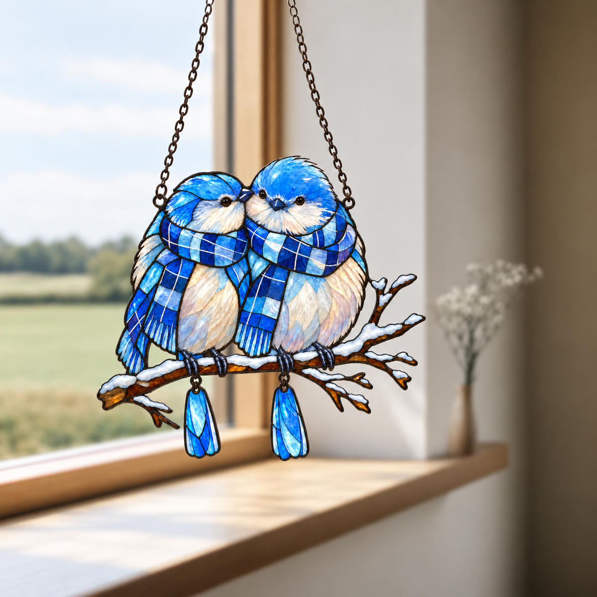 Bluebird Couple in Plaid Scarves on a Snowy Branch Holographic Acrylic Suncatcher