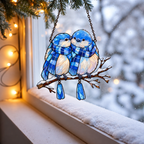 Bluebird Couple in Plaid Scarves on a Snowy Branch Holographic Acrylic Suncatcher