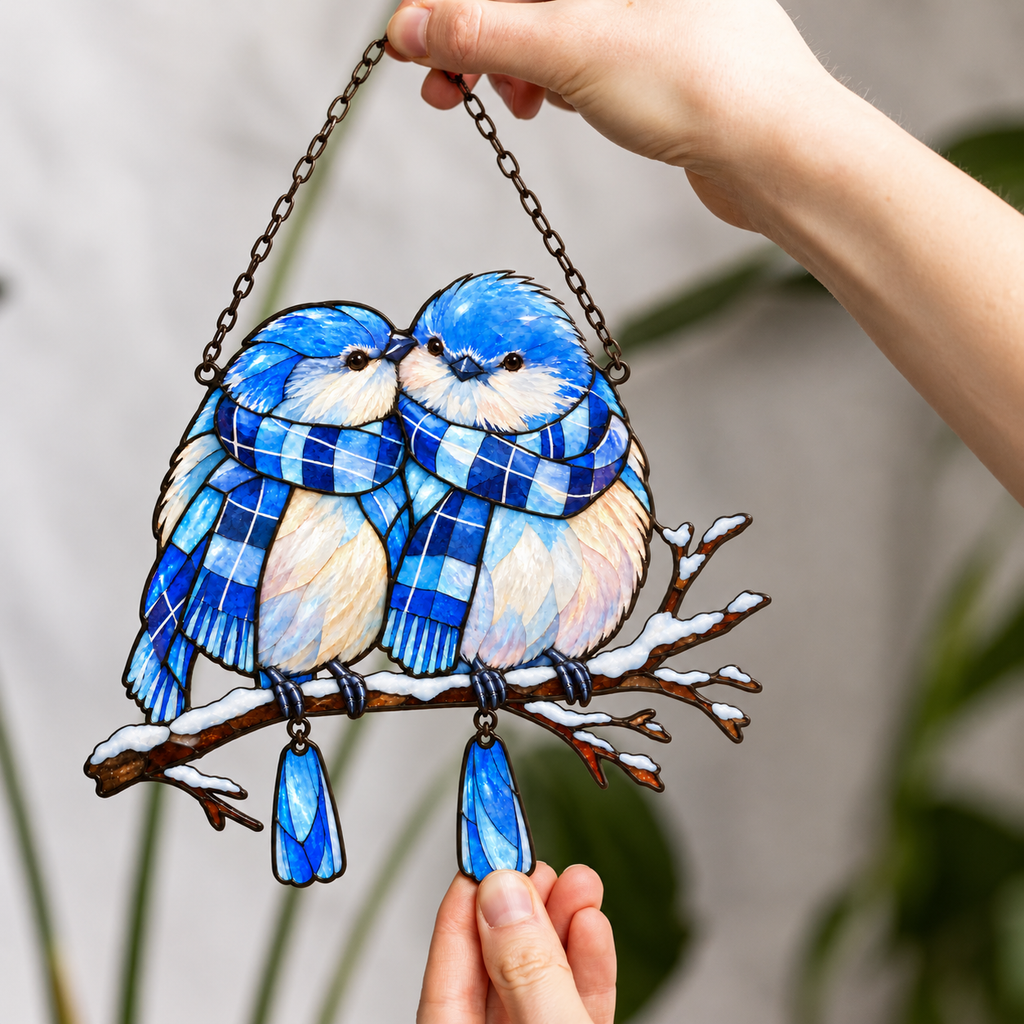Bluebird Couple in Plaid Scarves on a Snowy Branch Holographic Acrylic Suncatcher