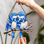 Bluebird Couple in Plaid Scarves on a Snowy Branch Holographic Acrylic Suncatcher