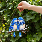 Bluebird Couple in Plaid Scarves on a Snowy Branch Holographic Acrylic Suncatcher