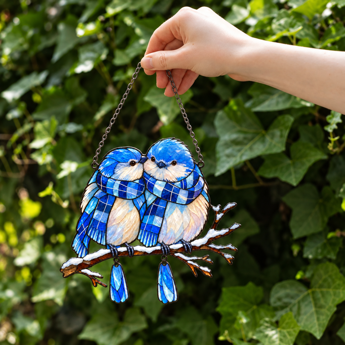 Bluebird Couple in Plaid Scarves on a Snowy Branch Holographic Acrylic Suncatcher