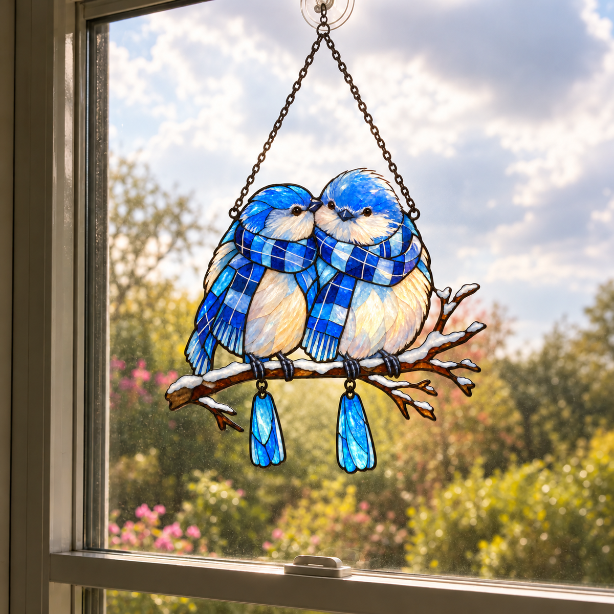 Bluebird Couple in Plaid Scarves on a Snowy Branch Holographic Acrylic Suncatcher
