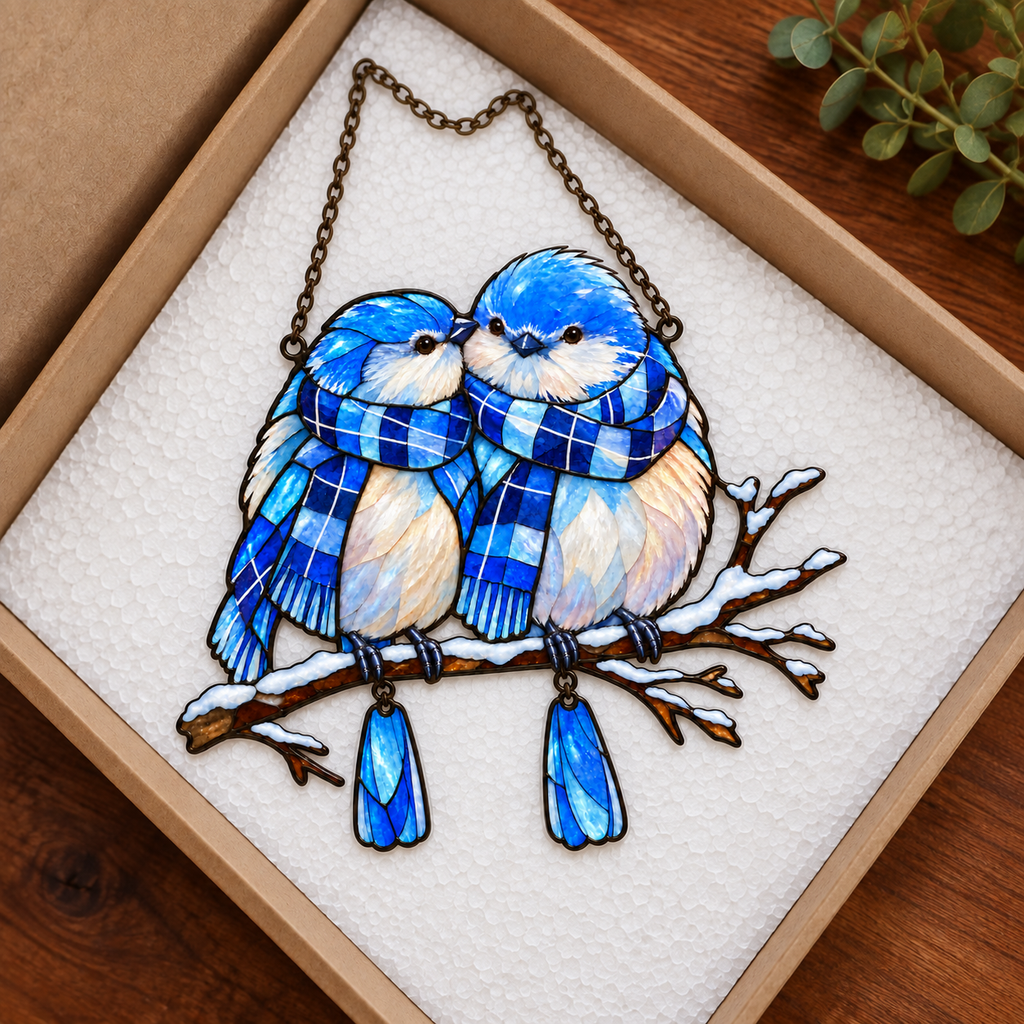 Bluebird Couple in Plaid Scarves on a Snowy Branch Holographic Acrylic Suncatcher