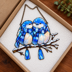 Bluebird Couple in Plaid Scarves on a Snowy Branch Holographic Acrylic Suncatcher