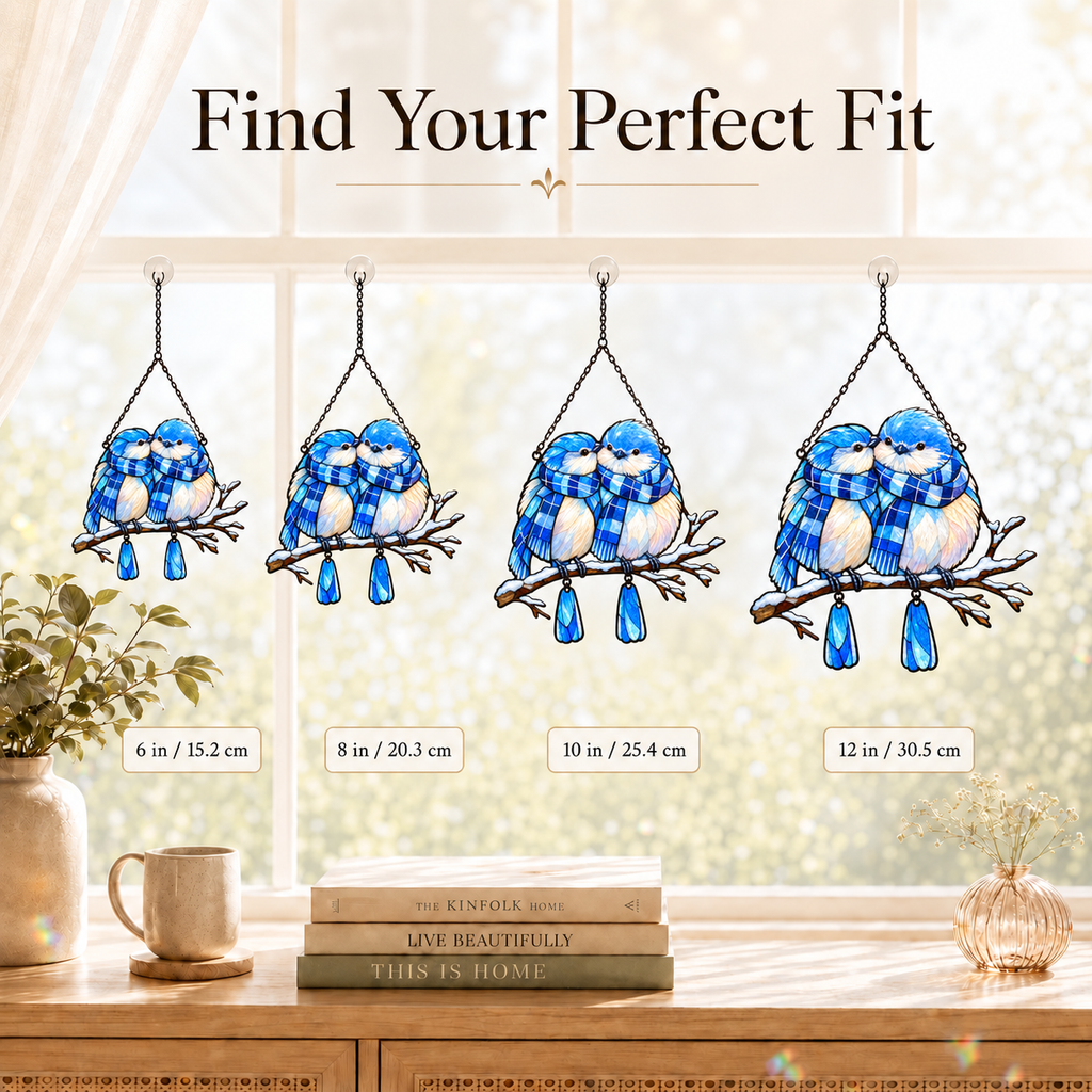 Bluebird Couple in Plaid Scarves on a Snowy Branch Holographic Acrylic Suncatcher