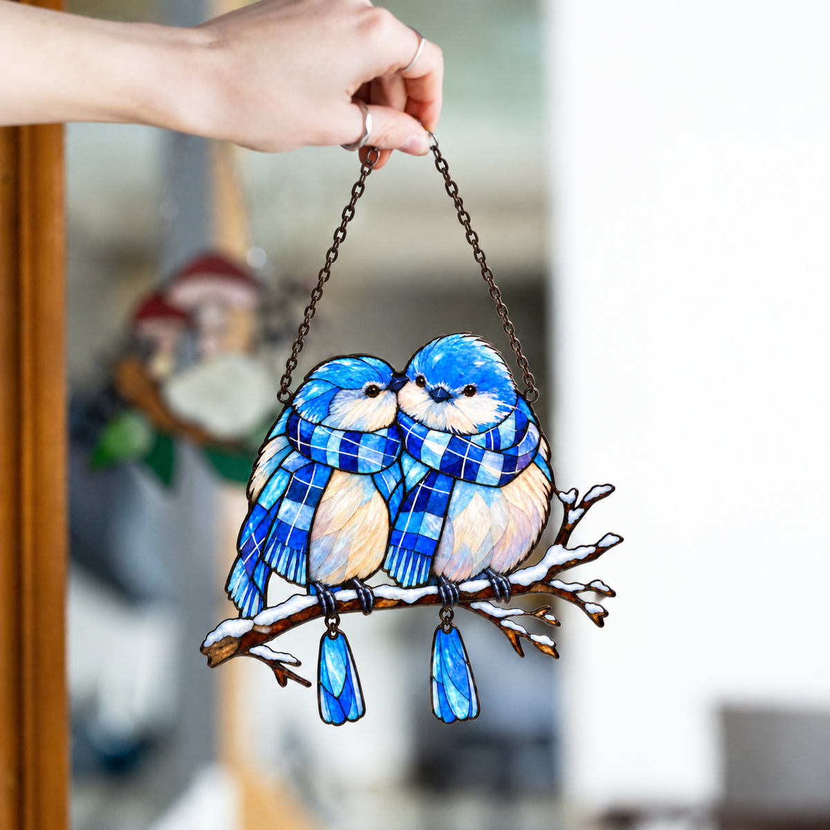Bluebird Couple in Plaid Scarves on a Snowy Branch Holographic Acrylic Suncatcher