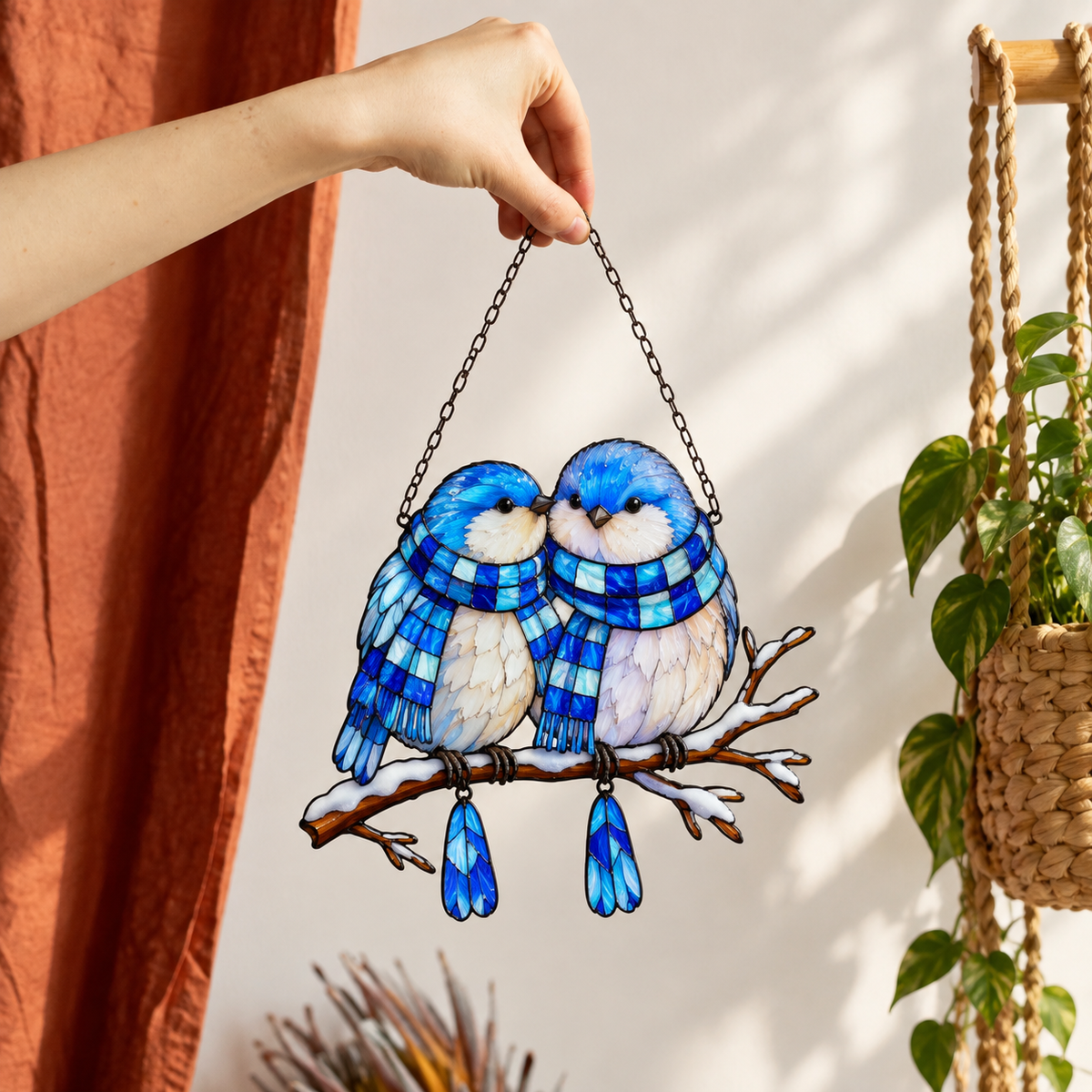 Bluebird Couple in Plaid Scarves on a Snowy Branch Holographic Acrylic Suncatcher