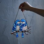 Bluebird Couple in Plaid Scarves on a Snowy Branch Holographic Acrylic Suncatcher