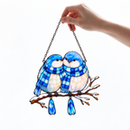 Bluebird Couple in Plaid Scarves on a Snowy Branch Holographic Acrylic Suncatcher